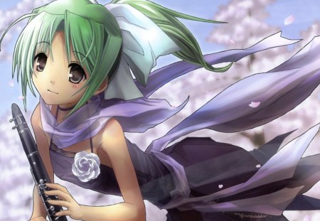 Flute - anime, anime girl, female, hot, dress, girl, green hair, petals, long hair, purple, flute, cute, sexy