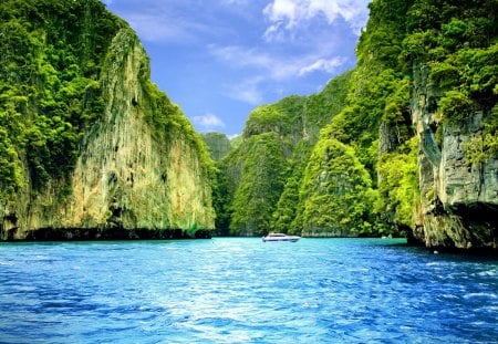 Maya bay - Phuket - nice, sky, trees, greenery, water, clear, bay, rocks, crystal, pretty, walk, river, phuket, boat, cliffs, asia, lake, mountain, shore, place, lovely, exotic, nature, blue, thailand, beautiful