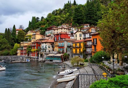 Village on lake Como - summer, town, vacation, beautiful, Como, travel, lovely, mountain, village, flowers, shore, nature, Italy, lake, nice, place