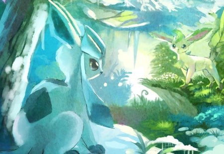 Pokemon - Fun, Cute, Manga, Sweet, Forest, Playful, Gaming, Anime, Glaceon, Game, Pokemon, Leafeon, Eeveelution