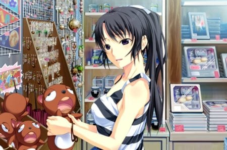 Shopping - female, hot, sundress, toy, anime girl, black hair, anime, blouse, house, cute, sexy, building, girl, shirt, long hair, shop, stall, hd, dress