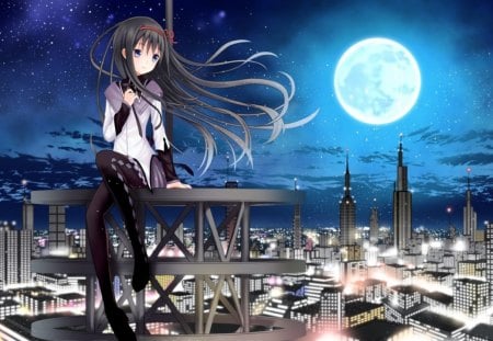 Brunette girl - city, night, girl, skycraper