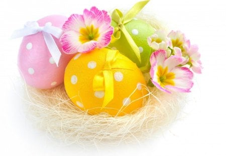 Happy Easter! - yellow, spring, flower, pink, happy, easter, white, green, egg, bow, dot