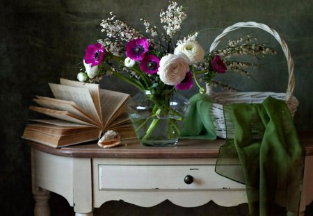 Still Life - photography, basket, book, still life, white, nature, petals, table, flowers, purple flowers