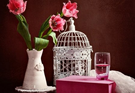 Still Life - glass, tulips, flowers, vase, still life, tulip, photography, nature, pink tulips