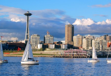 seattle - fun, ocean, boats, skyscrappers, architecture, tower