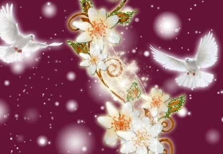 Peaceful Floral - stars, peace, floers, shine, doves, glow, floral, flowers, birds