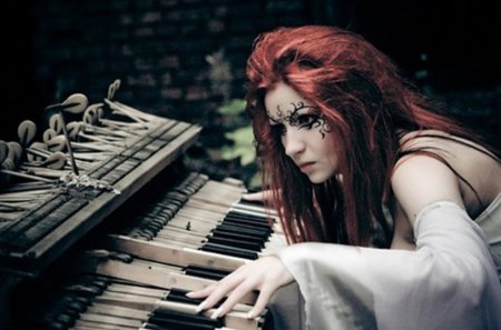 ghost piano - woman, ghost, piano, hair, red