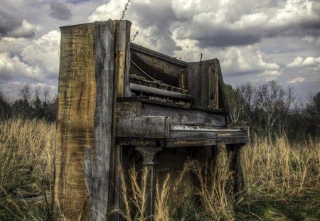 Old Piano - sky, piano, clouds, field, old