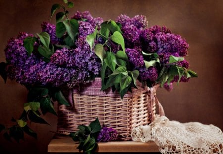 Still Life - lilacs, nature, petals, flowers, basket, lilac, still life