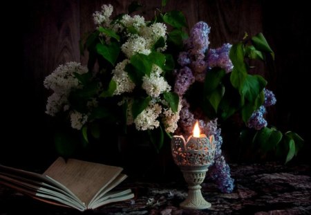 Still Life - candle, book, flowers, still life, nature, lilac, lilacs