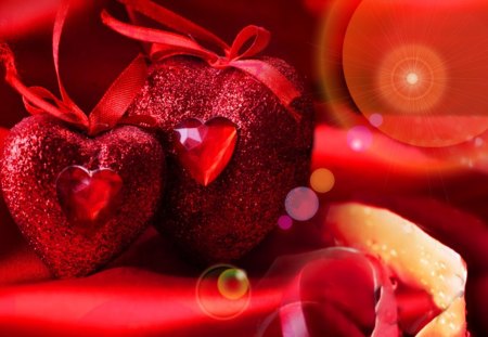 LOVE RAYS - VALENTINES, SUNRAYS, ROMANTIC, SUNLIGHT, HEARTS, APPLES, LOVE, FRUIT, FOOD, RED, RIBBONS