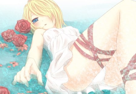 ~Roses & Tears~ - rin kagamine, roses, vocaloid, petals, anime, water, white dress, flowers