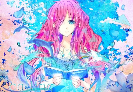 ~The Calling~ - anime, vocaloid, water, book, dolphin, imagination, colorful, megurine luka, pink hair