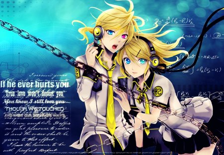 Len & Rin Kagamine - bicolored eyes, chains, len and rin kagamine, twins, vocaloid, anime, blonde