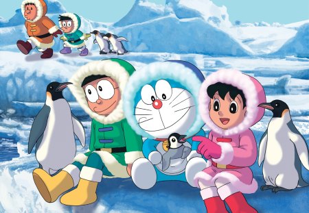 Doraemon Winter - anime, kawaii, female, snow, team, guy, happy, boy, male, group, animal, penguin, doraemon, anime girl, nobita, winter, shizuka, girl, enjoy, lovely, friend, sweet, cute, adorable