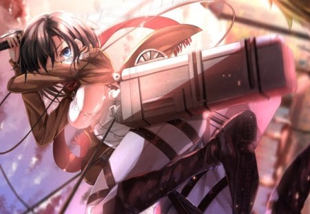 Mikasa Ackerman - sexy, hot, female, girl, warrior, blue eyes, anime girl, brown hair, hd, anime, weapon, cute, short hair