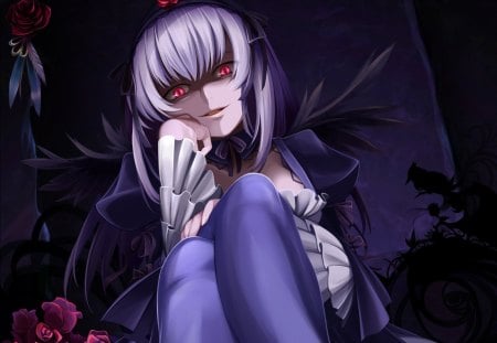 Suigintou - female, hot, angel, wings, darkness, simple, anime girl, evil, purple, sinister, dark, anime, feather, horror, cute, sexy, girl, long hair, rozen maiden, hd, suigintou, wing, plain, white hair, dress