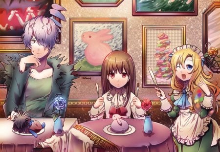 Is it Food or Art - anime, female, guy, long hair, silly, boy, male, short hair, apron, vase, anime girl, frame, hot, girl, table, maid, flower, waitress, handsome, funny, wierd, rose, cute, floral, pictures, sexy