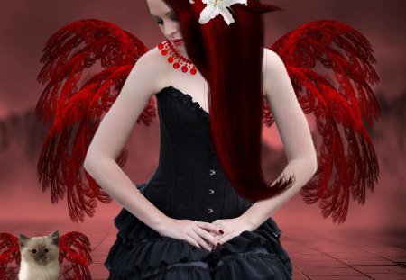 ✫The Innocence of Evil✫ - pretty, fantastic, birds, female, dress, devil, photomanipulation, evil, dark, red, women, beautiful, digital art, colors, lovely, cool, flower, hair, cat, girls, colorful, fantasy, necklace, redhead, model, wings, bright, cute, innocence, animals