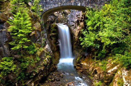 Mt. Rainier - pretty, calm, quiet, USA, mountain, shore, nice, stonbes, trees, water, beautiful, mount rainier, lovely, fall, river, nature, waterfall, bridge, rocks