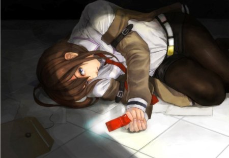 Makise Kurisu - gloomy, cute, hot, lying, anime girl, girl, gloom, phone, envolope, dark, brown hair, anime, mobile, hd, handphone, long hair, sexy, female