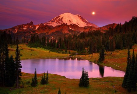 Harvest moon over Mt.Rainier - pretty, evening, harvest, reflection, shore, cliffs, lake, nice, moon, beautiful, mount rainier, lovely, peaks, moonlight, slopes, colorful, nature, dusk, rocks