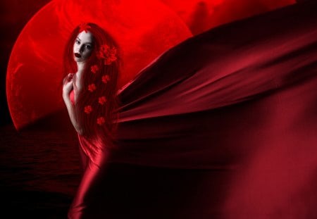 âœ«Red Passionâœ« - women, photomanipulation, girls, redhead, female, hair, water, colorful, fantasy, model, gorgeous, pretty, digital art, moon, passion, lovely, bright, red, beautiful, flowers, colors, dress