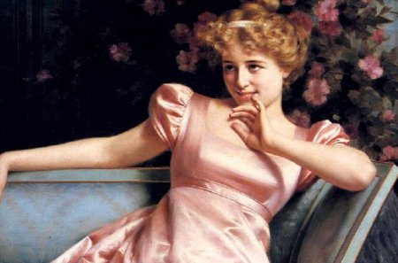 Girl in pink dress by Vittorio Reggianini - summer, flower, pink, beauty, spring, sofa, blonde, girl, dress, art, vittorio reggianini, lady, painting, woman