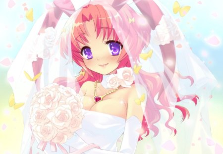 Cute bride - rabbit ear, veil, anime, yellow, dress, girl, eyes, flower, pink, bouquet, necklace, white, purple, gloden, rose, cute