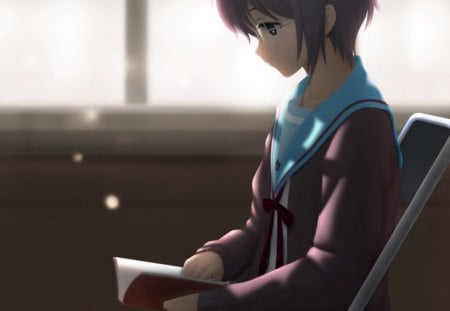 Nagato Yuki - sitting, realistic, female, glasses, sunglasses, anime girl, reading, book, read, dark, anime, short hair, sit, girl, purple hair, cg, school uniform, hd, chair, 3d, uniform