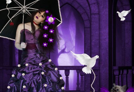 âœ«Pretty Purple and Pearlsâœ« - girls, women, photomanipulation, pearls, lips, female, animals, hair, emotional, old paper, colorful, fantasy, model, dripping heart, doves, gorgeous, purple, pretty, cool, umbrella, digital art, birds, face eyes, cat, lovely, purity, beautiful, splendor, colors, flowers, dress