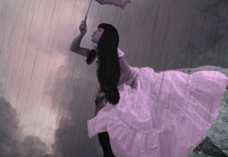 ✫Curiosity in the Rain✫ - pretty, female, butterflies, flying, photomanipulation, pink, emotional, umbrella, rain, cliff, sky, women, clouds, beautiful, digital art, colors, lovely, cool, sweet, curiosity, girls, fantasy, model, cute, animals