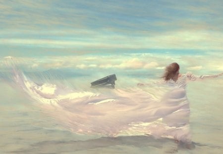 Painting Woman and Piano in the Wind - woman, painting, piano, wind