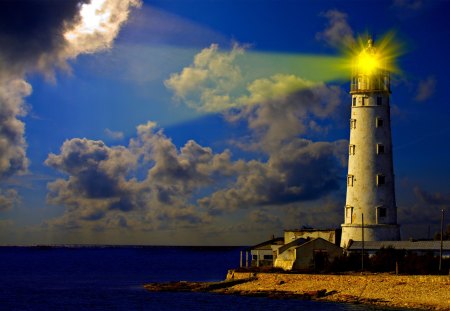 THE BEAMS of LIGHTHOUSE - lighthouse, beam, lighthouse beam, clouds, light, sea