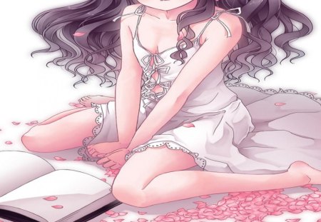 Cute Girl - book, girl, orginal, flower, petals, pink, kawai