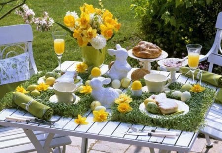 Easter - flowers, cups, yellow, garden, breakfast, table, beauty