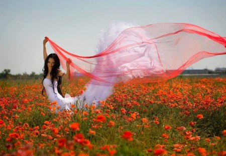 â™¥ - white, red, beauty, flowers, field, girl