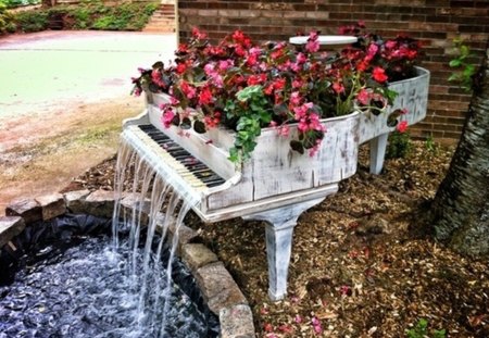 creative - piano, beautiful, water, flowers, creative