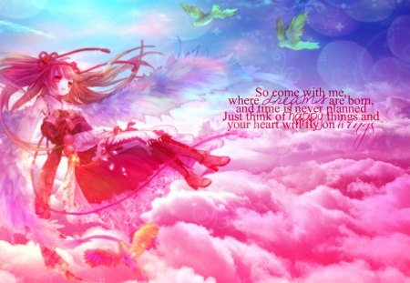 ~Come With Me~ - sky, girl, angel, wings, colorful, fantasy, beautiful, clouds, anime, birds