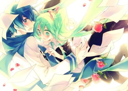 ~Miku & Kaito~ - kaito, petals, flowers, vocaloid, love, anime, romance, hatsune miku