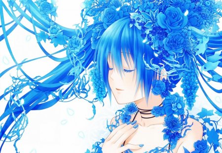 ~Blue Flower Goddess~ - pretty, anime, vocaloid, blue, hatsune miku, long hair, flowers, grapes, closed eyes