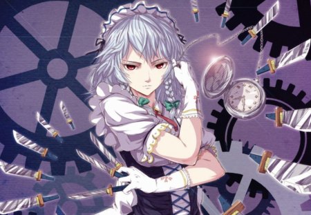 Izayoi Sakuya - anime, female, clock, evil, white hair, short hair, touhou, weapon, silver hair, anime girl, girl, maid, izayoi sakuya, angry, braid, knife, sinister