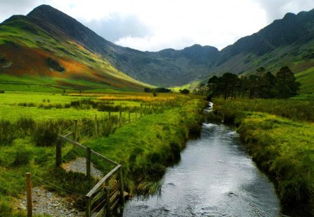 Mountain stream - nice, slope, sky, riverbank, water, stream, greenery, creek, river, green, grass, mountain, hills, shore, peaks, lovely, nature, beautiful