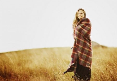 cute girl - fall, girl, field, blanket