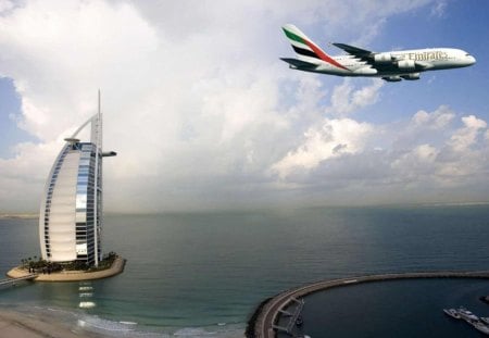 emirates airplane - hotel, airplane, emirates, sea