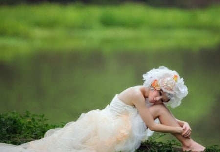 * Sadness * - hat, bride, dress, girl, flowers, white dress, nature, face, lake