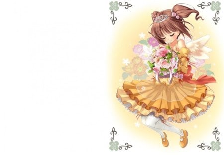 Angel Bouquet - female, angel, tiara, wings, simple, anime girl, bouquet, crown, brown hair, white, feather, anime, cute, short hair, girl, royalty, gown, kawaii, floral, wing, plain, flower, dress