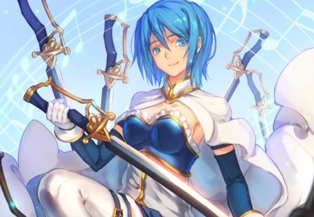 Miki Sayaka - sexy, hot, girl, female, magical girl, anime girl, blade, armor, blue hair, anime, weapon, sword, cute, short hair