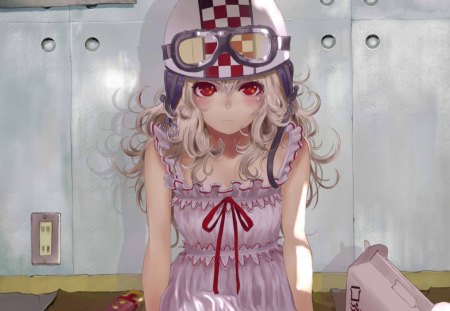 Oshino Shinobu - cute, hot, anime girl, girl, red eyes, ribbon, oshino shinobu, oshino, bakemonogatari, 3d, sundress, helmet, anime, sinister, hd, mad, dress, shinobu, angry, goggles, sexy, female, realistic